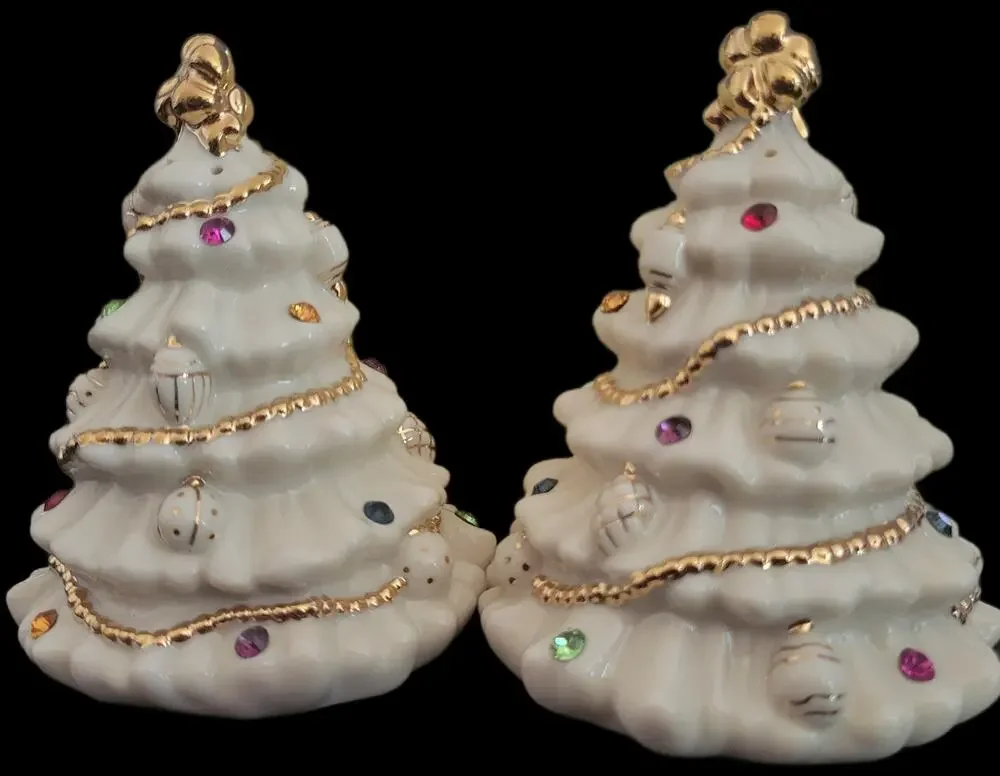 Lenox Jewels of Christmas White Tree Salt & Pepper Shakers Fine Ivory 2001 Vtg
